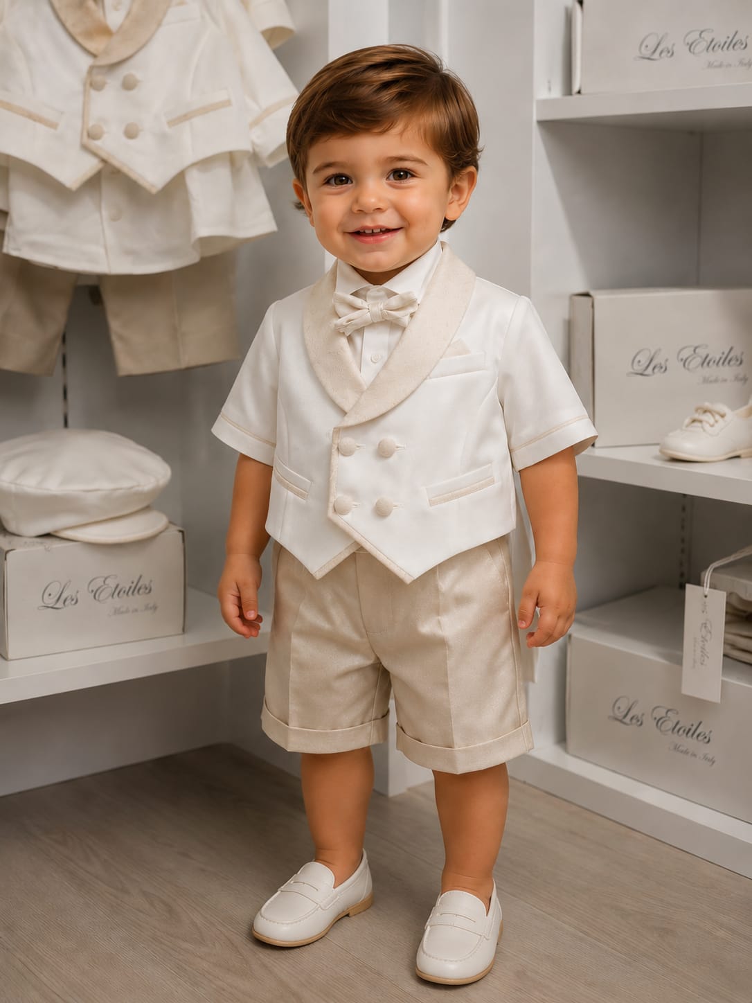 Bimbo in gilet bianco doppiopetto, papillon, bermuda beige e mocassini tra scatole Les Etoiles Made in Italy