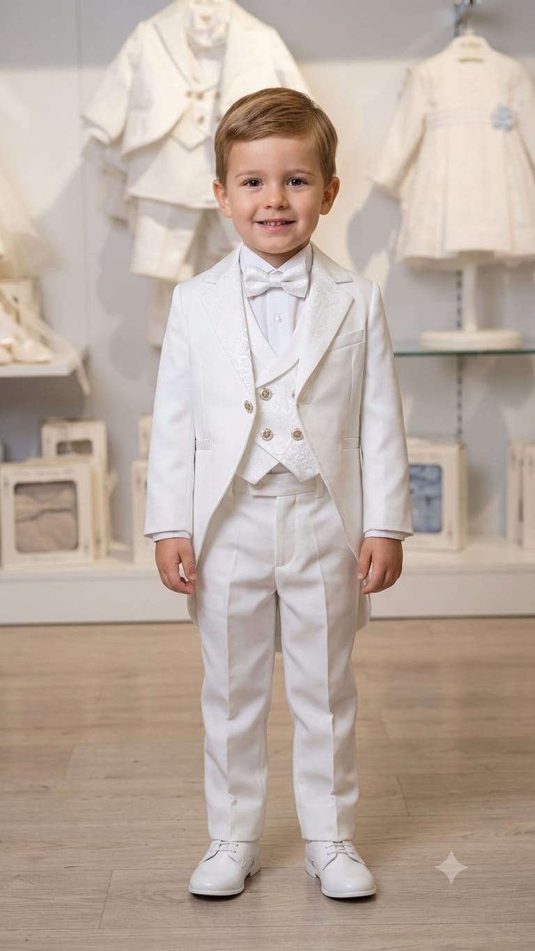 Bambino sorridente in frac bianco con gilet damascato, papillon e scarpe bianche davanti a una vetrina di abiti chiari