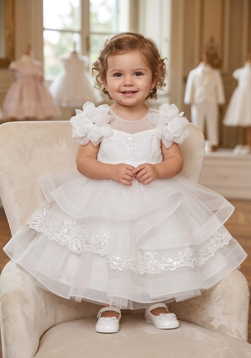 Bambina riccia su poltrona di velluto avorio con abito bianco in tulle a balze, ricami di paillettes e fiori sulle spalle