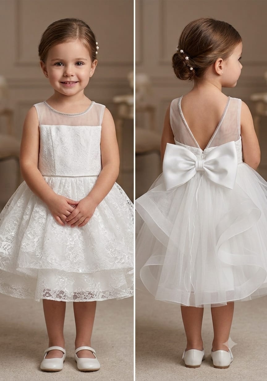 Bambina con abito bianco in pizzo e tulle, fiocco in raso sulla schiena, perle tra i capelli e ballerine bianche